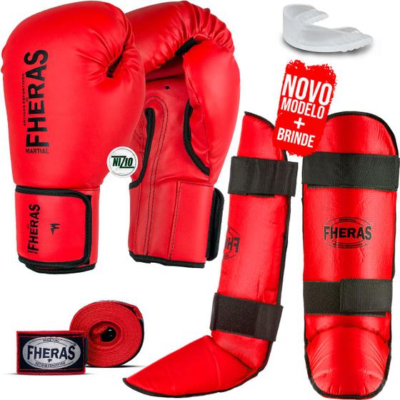 Imagem de Kit Muay Thai Luva Bandagem Caneleira Bucal Vermelho 10Oz