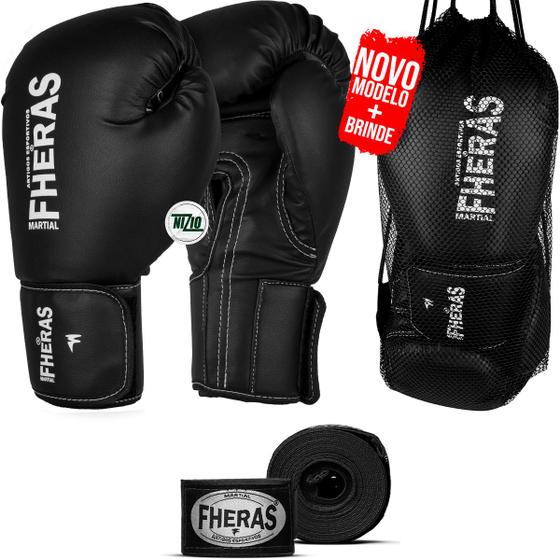 Imagem de Kit Muay Thai Luva De Boxe Tradicional Bandagem Preta 10oz