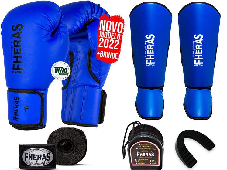 Kit Muay Thai MMA Luva Bandagem Bucal Gladiadora Azul 08oz - Fheras ...