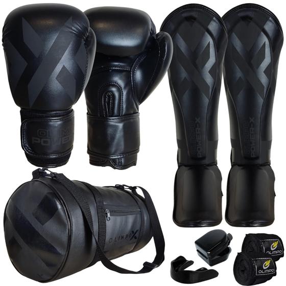 Imagem de Kit Muay Thai Power X  Luvas, Caneleiras, Bolsa, Bandagens e Bucal  Equipamento Completo Olimpo Esportes