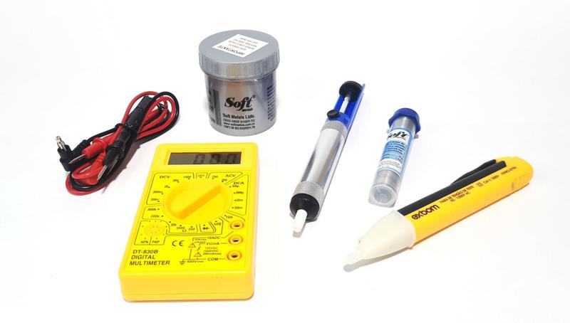 Imagem de kit - multimetro digital + caneta detectora + estanho + pasta + sugador de solda