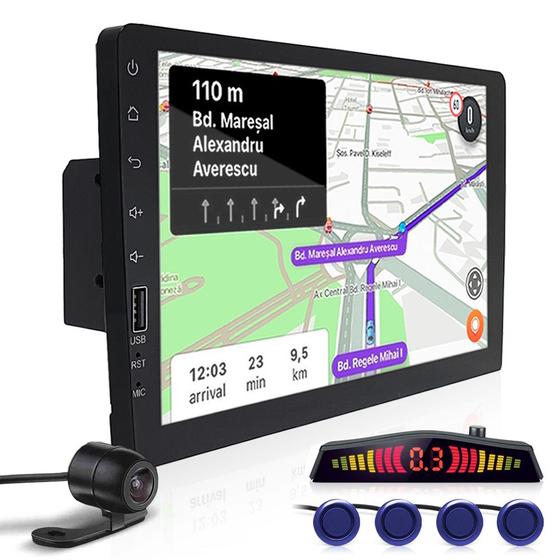 Imagem de Kit Multimídia 1 Din 9 Polegadas + Câmera Ré + Sensor Ré Azul Nissan Kicks 2016 2017 Espelhamento