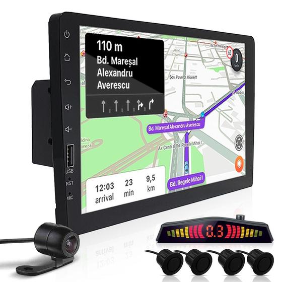 Imagem de Kit Multimídia 1 Din 9 Polegadas + Câmera Ré + Sensor Ré Preto Fosco Emborrachado Renault Logan 2011 2012 2013 USB Bluetooth