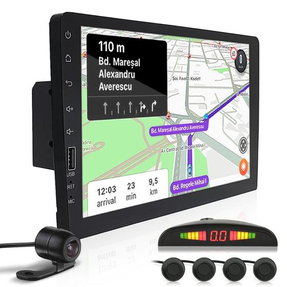 Imagem de Kit Multimídia 1 Din 9 Polegadas + Câmera Ré + Sensor Ré Preto Renault Sandero 2007 2008 2009 2010 Espelhamento