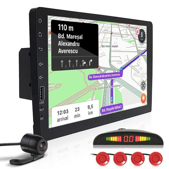 Imagem de Kit Multimídia 1 Din 9 Polegadas + Câmera Ré + Sensor Ré Vermelho Ford Fiesta 1997 1998 USB Bluetooth