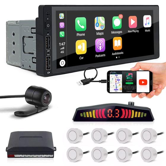 Imagem de Kit Multimídia 1 Din + Câmera Ré + Sensor 8 Pontos Branco Fiat Siena 2008 2009 2010 2011 2012 USB Bluetooth