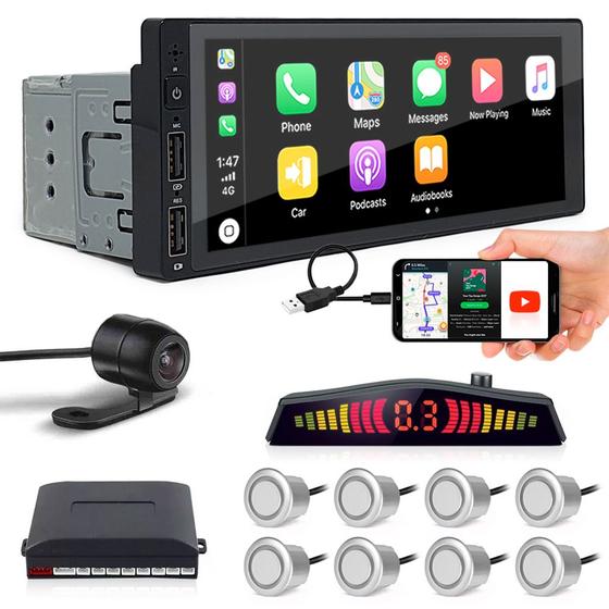 Imagem de Kit Multimídia 1 Din + Câmera Ré + Sensor 8 Pontos Prata Agile 2012 2013 2014 2015 2016 Android Auto Carplay