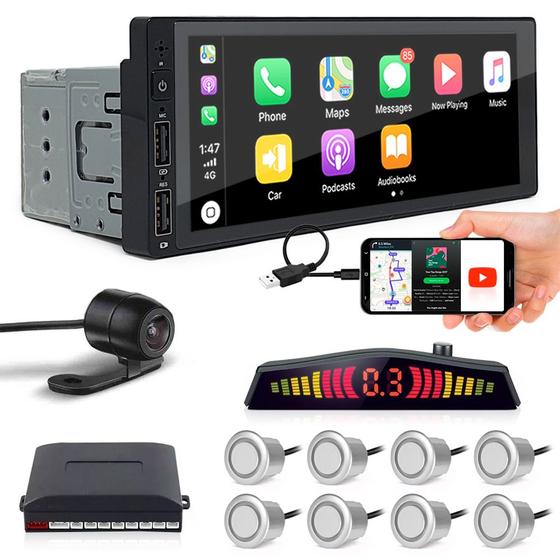 Imagem de Kit Multimídia 1 Din + Câmera Ré + Sensor 8 Pontos Prata Mitsubishi ASX 2011 2012 2013 USB Bluetooth
