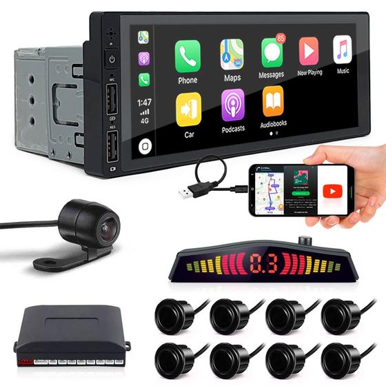 Imagem de Kit Multimídia 1 Din + Câmera Ré + Sensor 8 Pontos Preto Citroen C4 USB Bluetooth