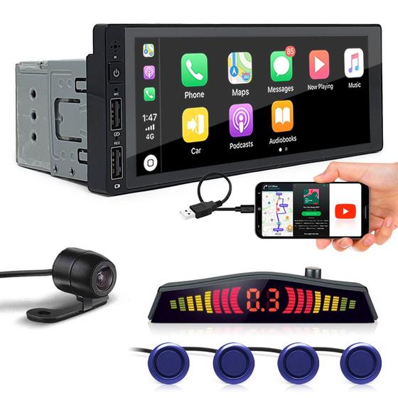 Imagem de Kit Multimídia 1 Din + Câmera Ré + Sensor Ré Azul Captiva 2008 2009 2010 2011 2012 2013 2014 Android Auto Carplay