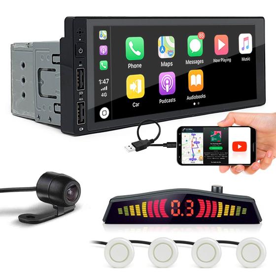 Imagem de Kit Multimídia 1 Din + Câmera Ré + Sensor Ré Branco Pérola Chery Tiggo 2009 2010 2011 2012 Android Auto Carplay