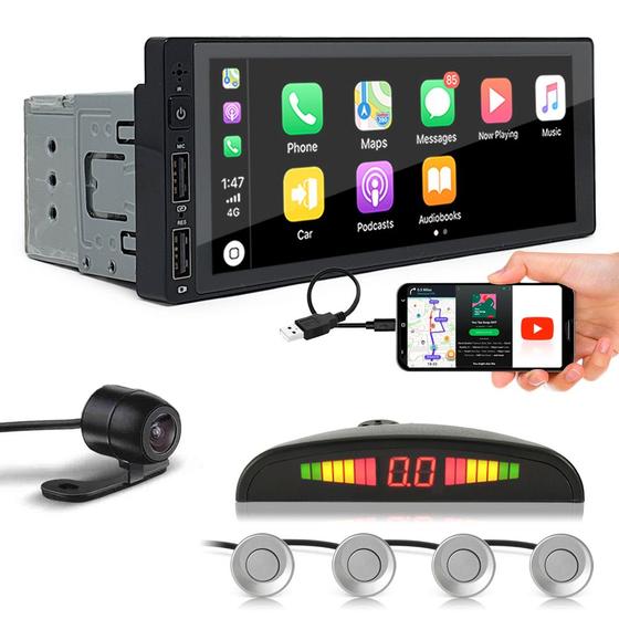 Imagem de Kit Multimídia 1 Din + Câmera Ré + Sensor Ré Prata Fiat Idea 2012 2013 2014 2015 2016 USB Bluetooth