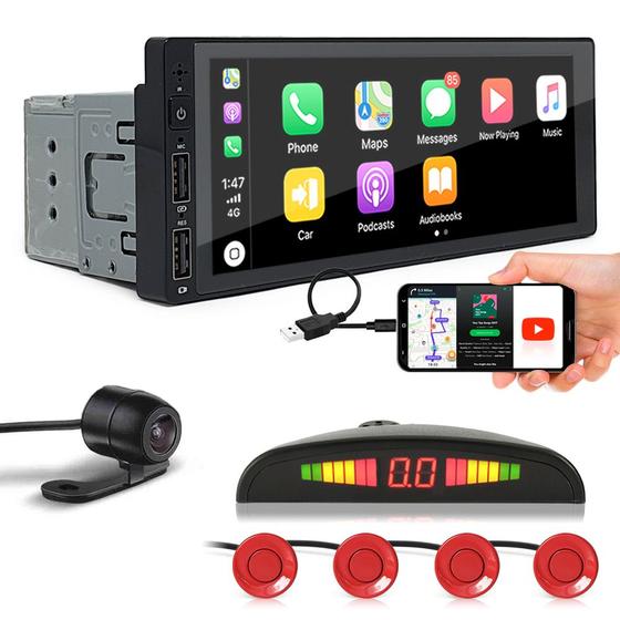 Imagem de Kit Multimídia 1 Din + Câmera Ré + Sensor Ré Vermelho Ford Fiesta 1997 1998 Android Auto Carplay