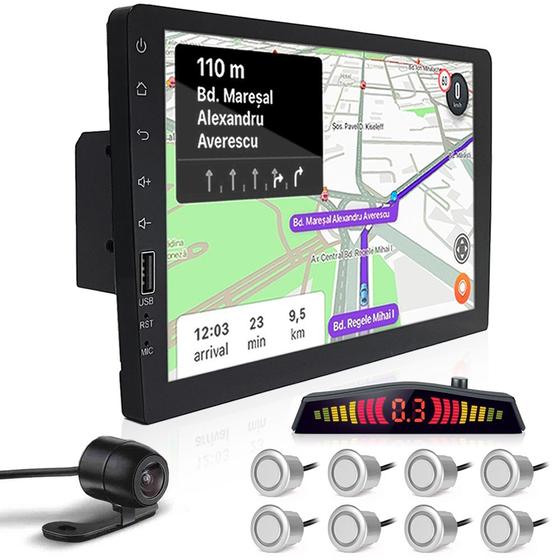 Imagem de Kit Multimídia 9 Polegadas 1 Din + Câmera Ré + Sensor 8 Pontos Prata Fiat Stilo 2002 2003 2004 2005 2006 Espelhamento