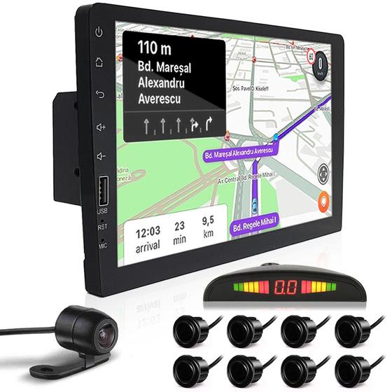 Imagem de Kit Multimídia 9 Polegadas 1 Din + Câmera Ré + Sensor 8 Pontos Preto Suzuki SX4 2008 2009 2010 2011 2012 2013 USB Bluetooth