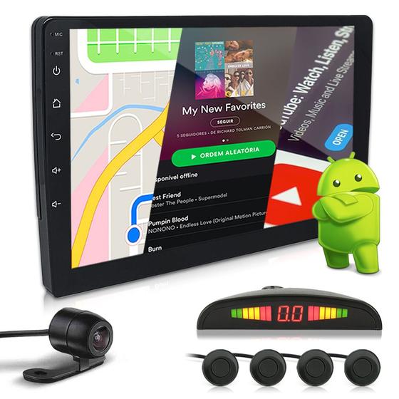 Imagem de Kit Multimídia 9 Polegadas Android + Câmera Ré + Sensor Ré Preto Fiat Siena 1996 1997 1998 1999 2000 2001 USB Bluetooth