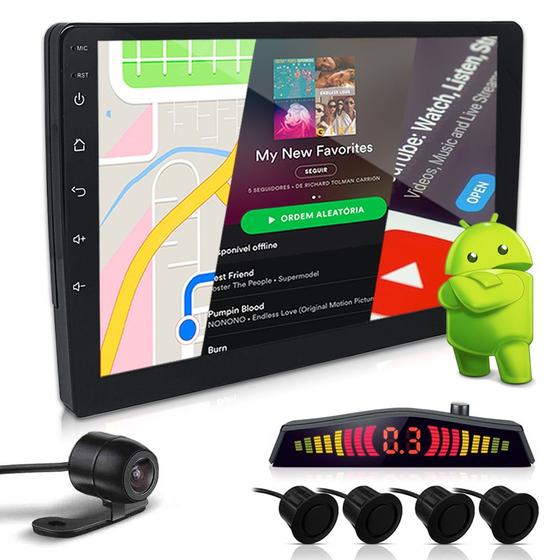 Imagem de Kit Multimídia 9 Polegadas Android + Câmera Ré + Sensor Ré Preto Fosco Emborrachado Fiat Linea 2009 2010 2011 2012 USB Bluetooth