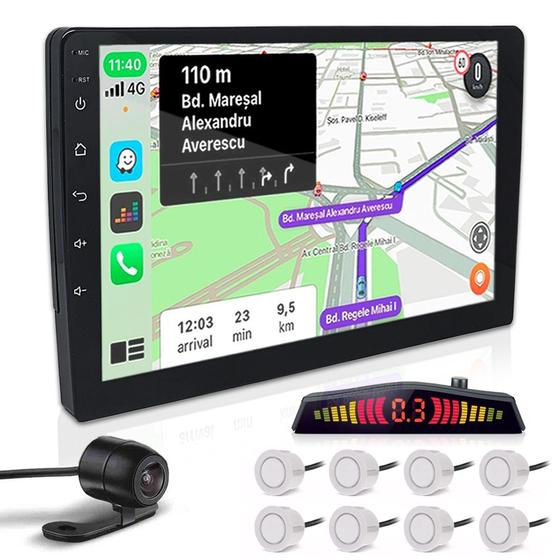 Imagem de Kit Multimídia 9 Polegadas + Câmera Ré + Sensor 8 Pontos Branco Fox 2010 2011 2012 2013 2014 2015 2016 Android Auto Carplay