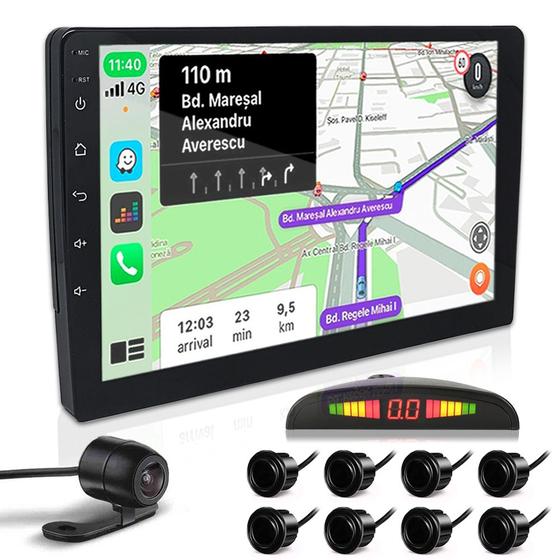 Imagem de Kit Multimídia 9 Polegadas + Câmera Ré + Sensor 8 Pontos Preto Fiat Marea 1998 1999 2000 2001 2002 Android Auto Carplay