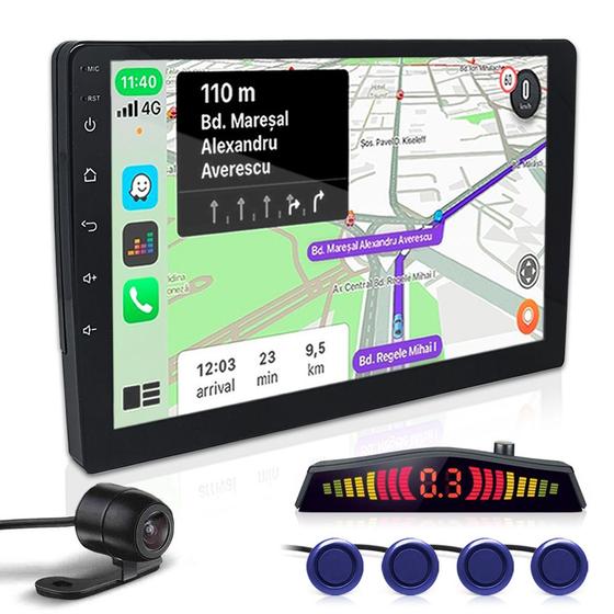 Imagem de Kit Multimídia 9 Polegadas + Câmera Ré + Sensor Ré Azul Fiat Idea 2012 2013 2014 2015 2016 Android Auto Carplay