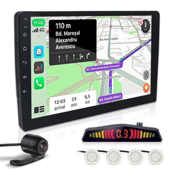 Imagem de Kit Multimídia 9 Polegadas + Câmera Ré + Sensor Ré Branco Pérola Fiat Stilo 2002 2003 2004 2005 2006 Android Auto Carplay