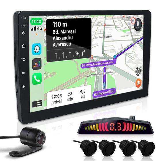 Imagem de Kit Multimídia 9 Polegadas + Câmera Ré + Sensor Ré Preto Fosco Emborrachado Peugeot 208 Android Auto Carplay