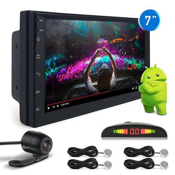 Imagem de Kit Multimídia Android + Câmera Ré + Sensor Dianteiro Traseiro Prata Chery QQ 2011 2012 2013 2014 2015 2016 Bluetooth 7 Polegadas