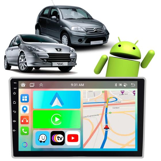 Imagem de Kit Multimidia Android Carplay Peugeot 307 Citroen C3 2002 a 2012 9 Pol + Câmera