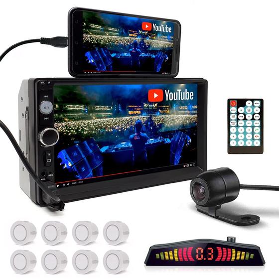 Imagem de Kit Multimídia + Câmera Ré + Sensor Dianteiro Traseiro Branco Onix 2011 2012 2013 2014 Bluetooth USB 7 Polegadas