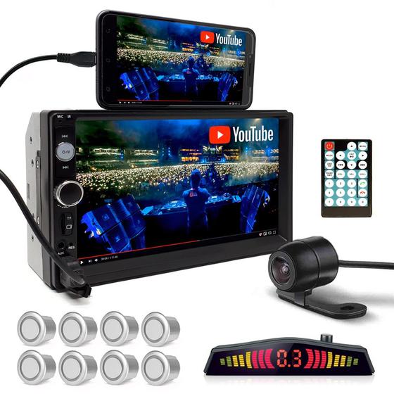 Imagem de Kit Multimídia + Câmera Ré + Sensor Dianteiro Traseiro Prata Onix 2017 2018 2019 2020 Bluetooth USB 7 Polegadas