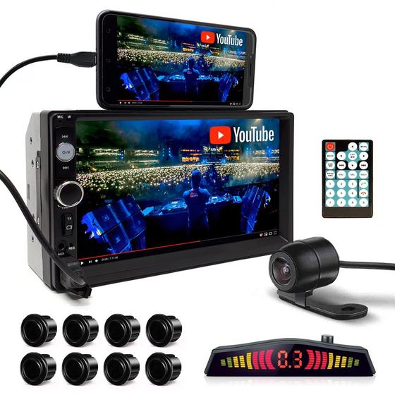Imagem de Kit Multimídia + Câmera Ré + Sensor Dianteiro Traseiro Preto Fosco Ford Fiesta 2003 2004 2005 2006 Bluetooth USB