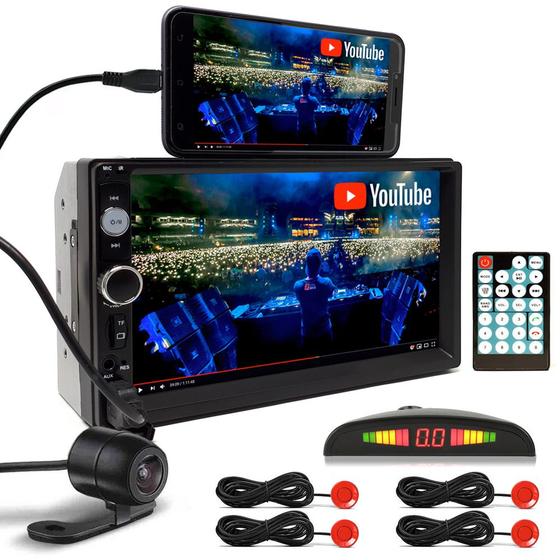 Imagem de Kit Multimídia + Câmera Ré + Sensor Ré Vermelho Fiat Novo Uno 2011 2012 2013 2014 Bluetooth USB 7 Polegadas Touch Espelhamento