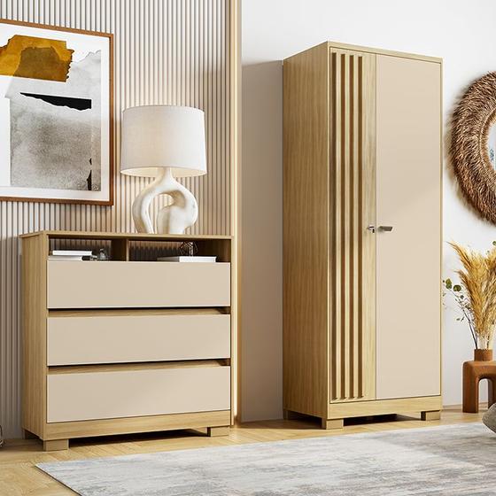 Imagem de Kit Multiuso 2 Portas e Cômoda 3 Gavetas Austin I01 Carvalho Off White - Clique Chique Móveis