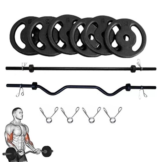 Imagem de Kit Musculação 2x Barras + 6x Anilhas 5Kgs + 4 presilhas