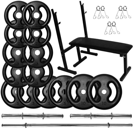 Imagem de Kit Musculação 60Kg Anilhas com Barras de 40cm e 1,50m + Banco para Supino