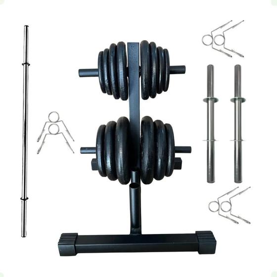 Imagem de Kit Musculação com Suporte + 40 Kg de Anilhas Ferro com Barras
