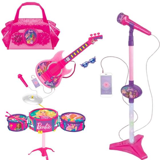 Imagem de Kit Musical Barbie Dreamtopia Bateria, Microfone Com Pedestal, Bolsinha E Guitarra Com Função MP3 - Fun