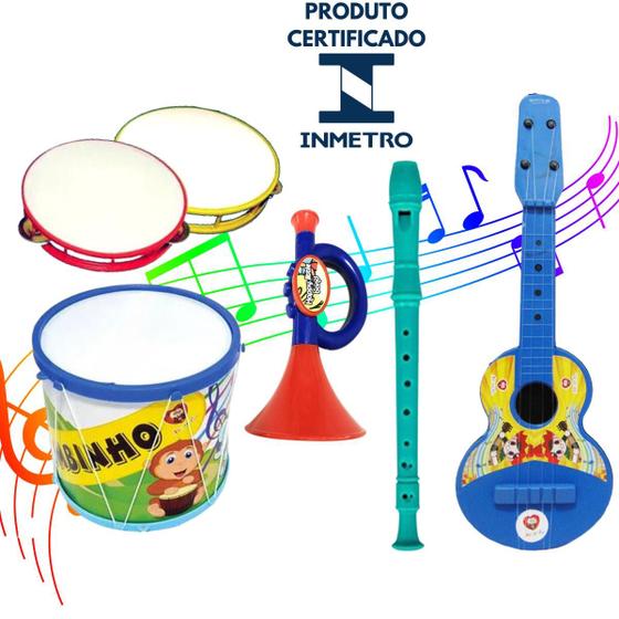 Imagem de Kit Musical Brinquedos Educativo C/5 Instrumentos Bumbo Violão Pandeiro Flauta Corneta Infantil