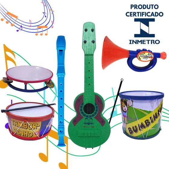 Imagem de Kit Musical Brinquedos Educativo C/6 Instrumentos Tambor Violão Pandeiro Flauta Corneta Bumbo Infantil