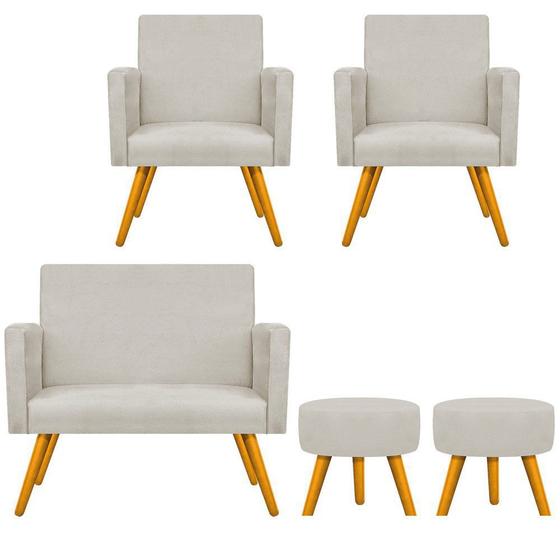 Imagem de Kit Namoradeira, 02 Poltronas Beatriz e 02 Puff Sofia Palito Mel Sala de Estar Recepção Suede Bege