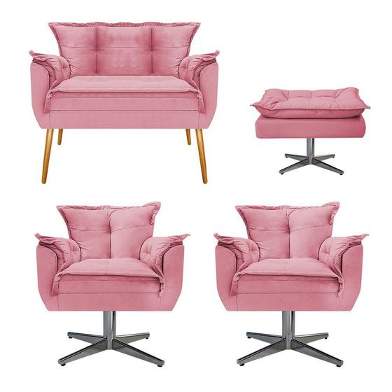 Imagem de Kit Namoradeira, 02 Poltronas e Puff Zatti Base Giratória de Metal Suede Rosa Bebê - DAMAFFÊ MÓVEIS