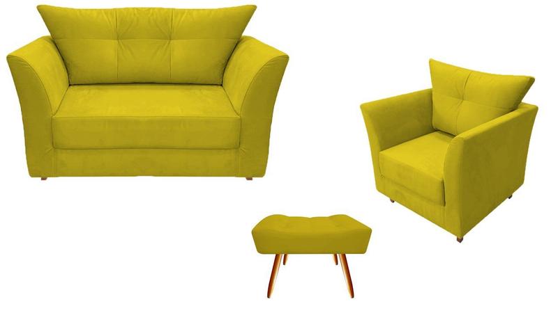 Imagem de Kit Namoradeira + 1 Poltrona Decorativa Isis + 1 Puff Retangular Suede Amarelo Pés Madeira Mz Decor