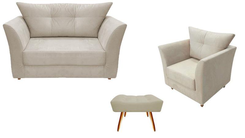 Imagem de Kit Namoradeira + 1 Poltrona Decorativa Isis + 1 Puff Retangular Suede Bege Pés Madeira Mz Decor