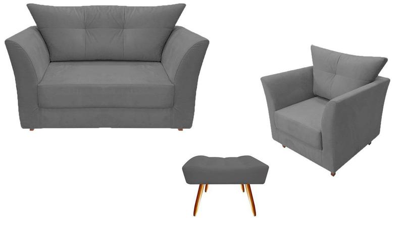 Imagem de Kit Namoradeira + 1 Poltrona Decorativa Isis + 1 Puff Retangular Suede Cinza Pés Madeira Mz Decor