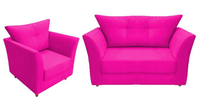 Imagem de Kit Namoradeira + 1 Poltrona Decorativa Isis Couro Rosa Pink Pés Madeira Mz Decor
