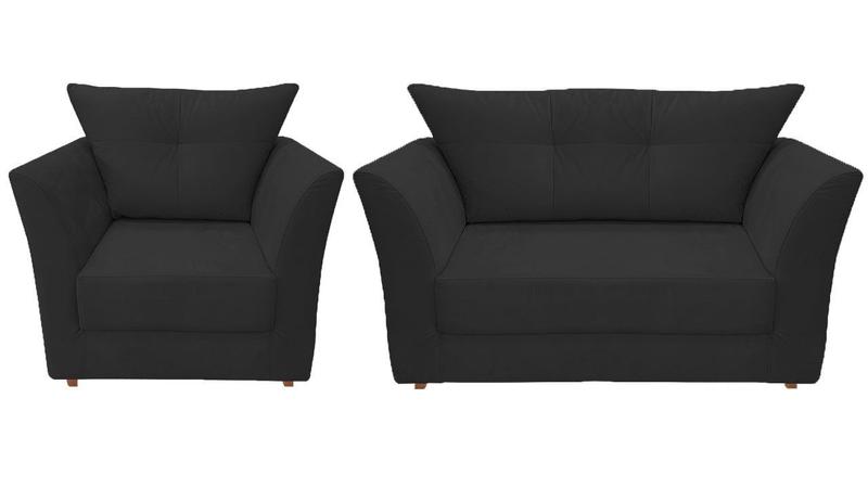 Imagem de Kit Namoradeira + 1 Poltrona Decorativa Isis Suede Preto Pés Madeira Ms Decor