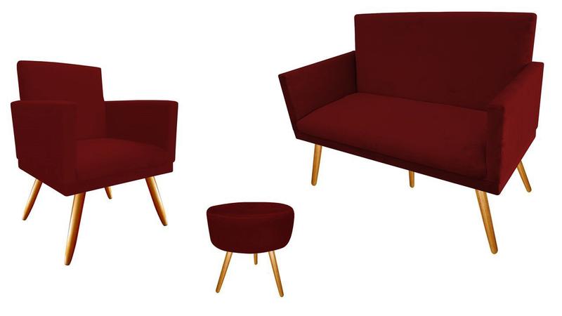 Imagem de Kit Namoradeira + 1 Poltrona Decorativa Nina + Puff Redondo Suede Marsala Pés Madeira Mz Decor