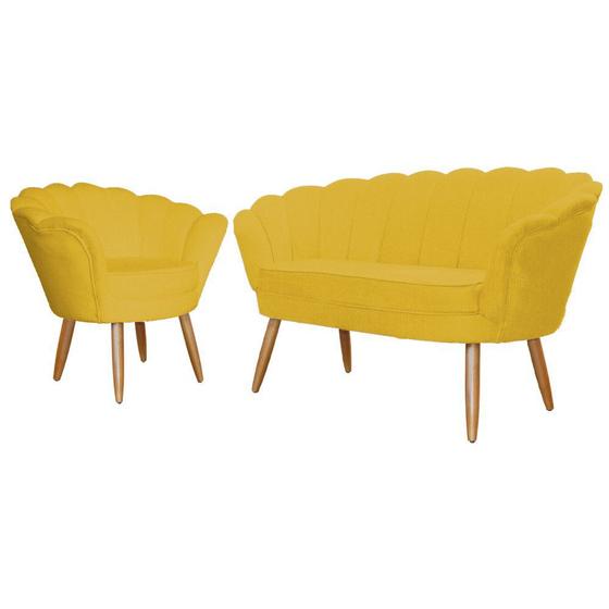 Imagem de Kit Namoradeira + 1 Poltrona Decorativa Pétala Suede Amarelo Pés Madeira Ms Decor