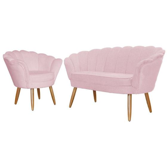 Imagem de Kit Namoradeira + 1 Poltrona Decorativa Pétala Suede Rosa Bebê Pés Madeira Ms Decor