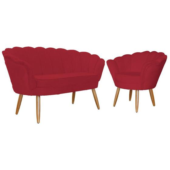 Imagem de Kit Namoradeira + 1 Poltrona Decorativa Pétala Suede Vermelho Pés Madeira Mz Decor